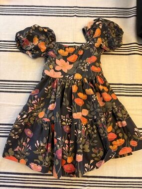 Alice + Ames Floral Puff-Sleeve Tiered Dress with Orange & Pink Blooms